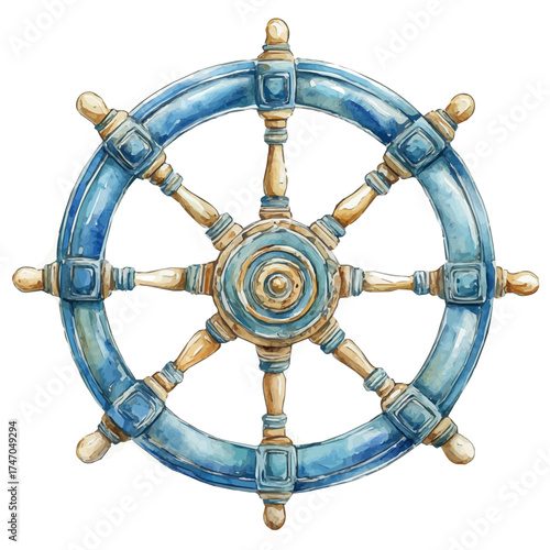Ship Wheel, watercolor drawing vector, isolated on a white background.