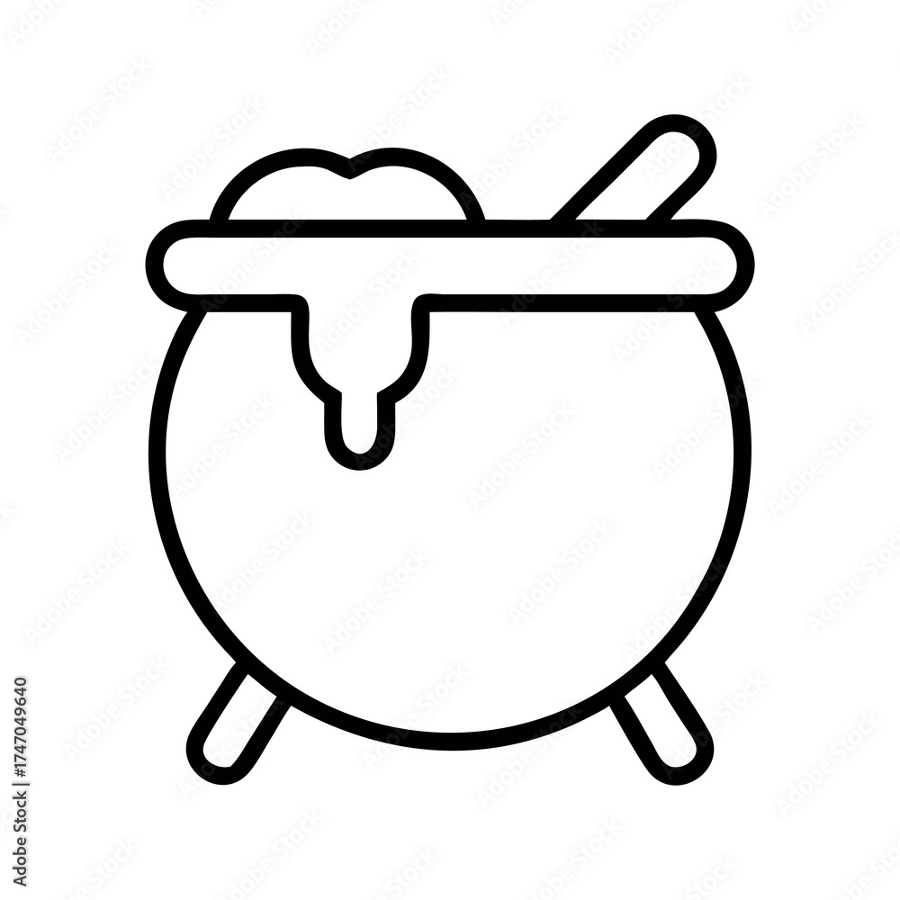 Fototapeta premium Simple outline drawing of a witch s cauldron bubbling with a stirring spoon