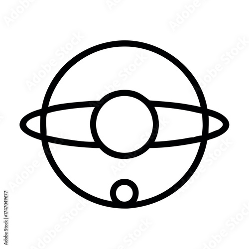 Simple line drawing of a ringed planet with a moon and a central core