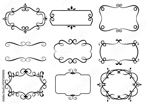 Collection of nine ornate vintage decorative borders and frames in black and white vector art