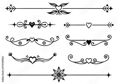 Collection of hand drawn ornate decorative heart flourish dividers and ornaments for design elements