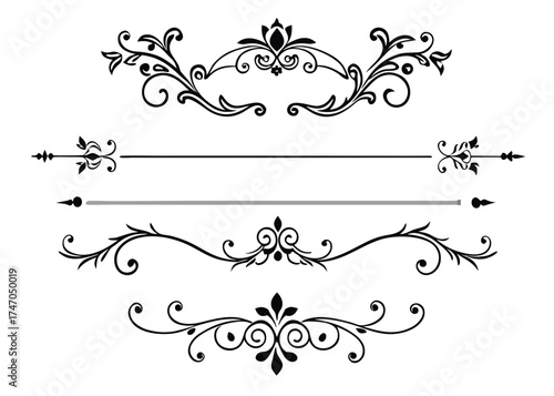 Elegant black and white ornate flourish designs for decorative borders and dividers