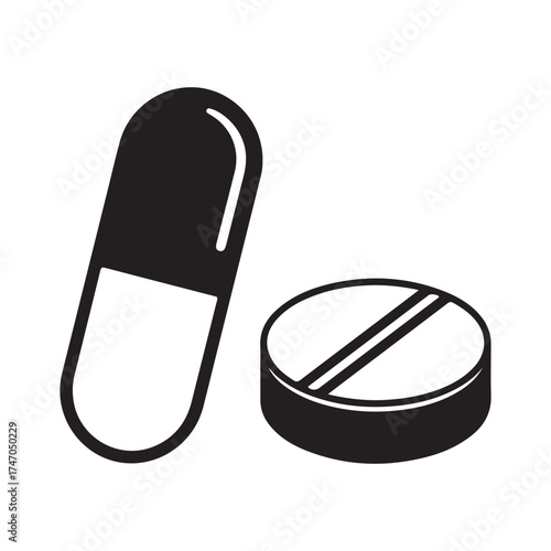Pill and tablet, representing medication, healthcare, and pharmaceutical concepts in a minimalist black and white design