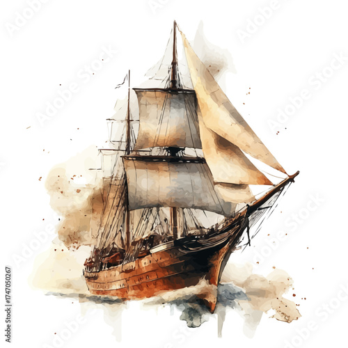 watercolor of Ship, vector, isolated on a white background.