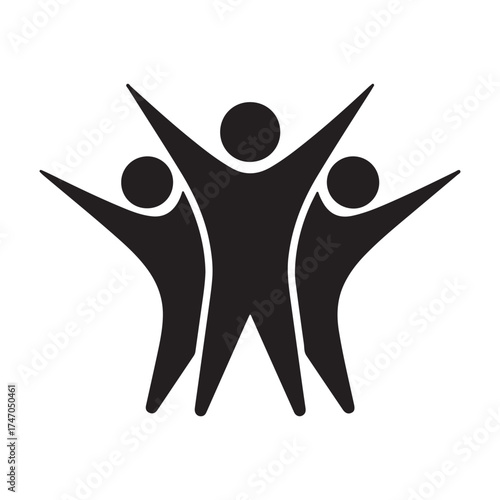 Three stylized people with arms raised in celebration, , representing unity, teamwork, and community spirit
