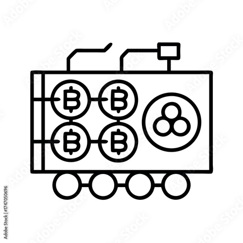 Stylized illustration of a bitcoin mining rig with multiple bitcoin symbols and a fan