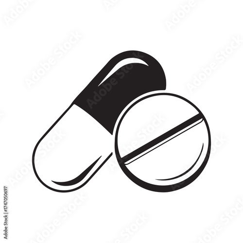 Pill and tablet, representing medication, treatment, or healthcare, suitable for medical or pharmaceutical designs