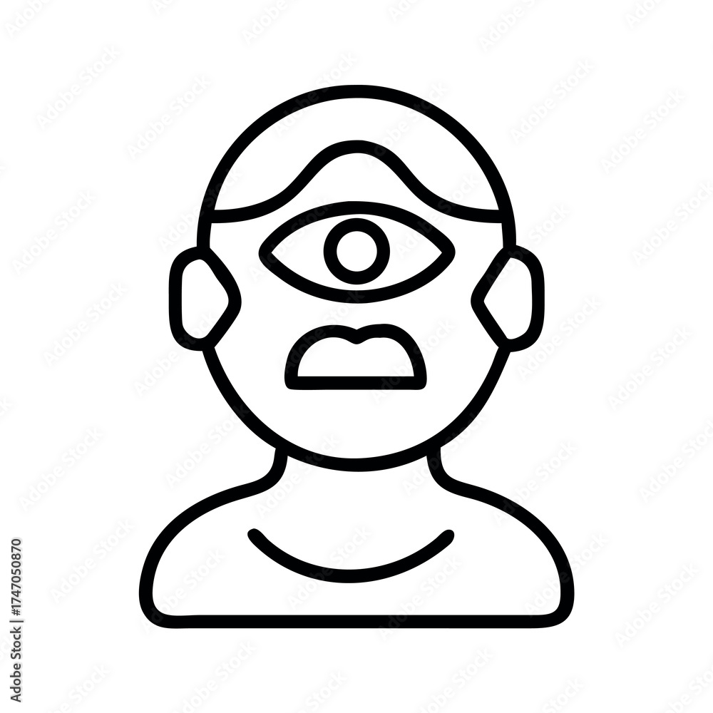 Naklejka premium Stylized line art illustration of a cyclops creature with a wide mouth and three eyes