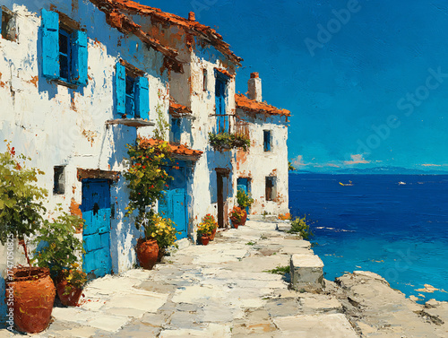 Europe coastal with white buildings featuring blue shutters and doors, adorned with potted flowers. The cobblestone path leads to the edge of the sea, which is a tranquil, clear blue.