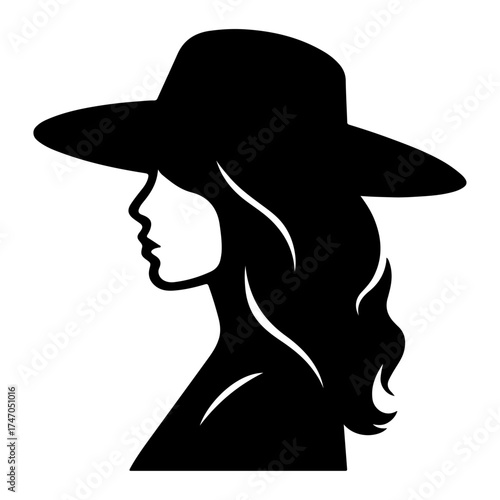 Minimalist woman silhouette wearing elegant wide brim hat, black and white female profile vector icon, stylish lady fashion logo design