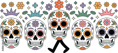 Day of the dead sugar skulls with flowers and crowns vector illustration