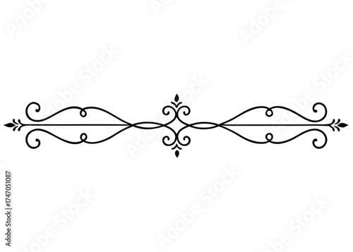 Elegant black ornate divider with swirling decorative elements and fleur de lis accents on a white background