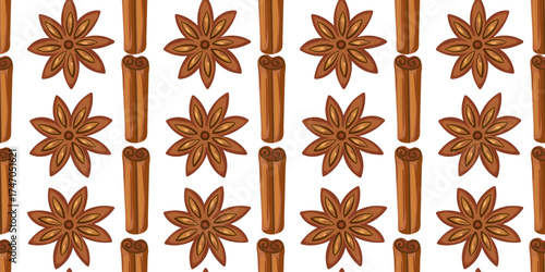 seamless repeating pattern background texture aromatic spices star anise cinnamon sticks isolated white backdrop winter holiday wrapping paper print