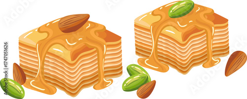 oriental dessert baklava squares dripping golden honey syrup topped with crunchy nuts like pistachio almond flat vector graphic isolated vector drawing elements