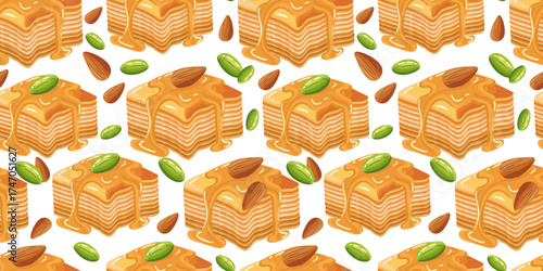 seamless pattern traditional turkish or middle eastern sweet pastry baklava squares dripping with honey syrup and decorated with pistachio almond nuts