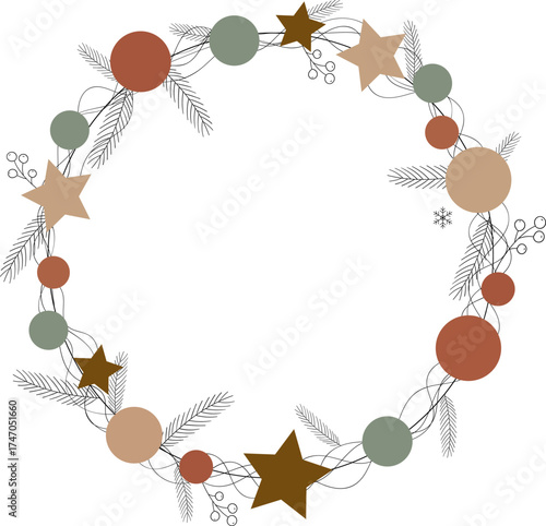 Mobilchristmas wreath frame element boho minimalist style vector object abstract stars circles fir branches berries for holiday greeting card design
