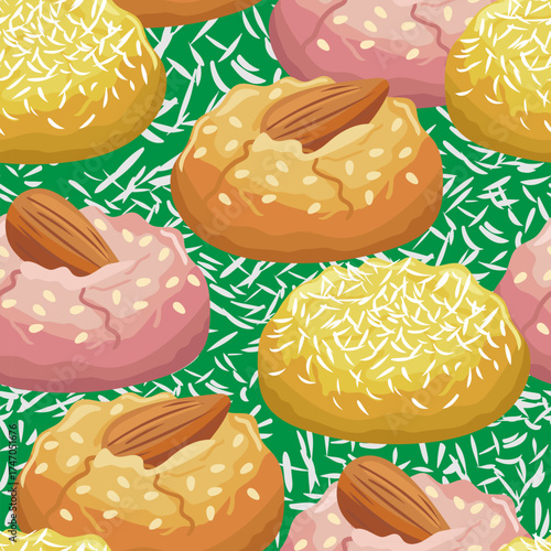 ghoriba or ghraybeh shortbread cookies background traditional maghrebi pastry food pattern with nuts and coconut on green