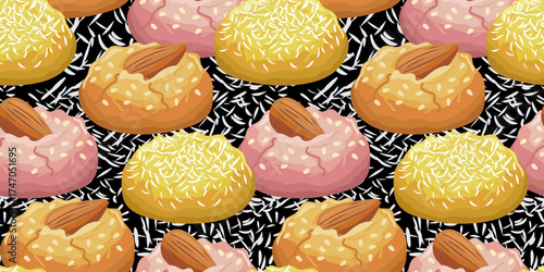 seamless pattern with traditional moroccan sweet cookies ghriba or ghoriba decorated almonds coconut sesame dark black background