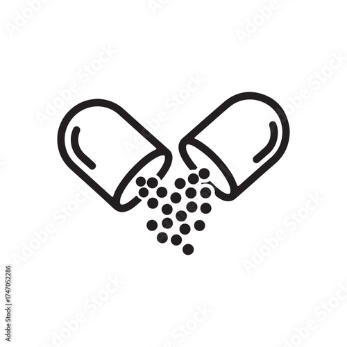 Open capsule with granules for medicine, health, and pharmaceutical concepts in black and white style