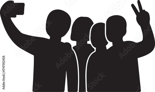 Four friends group selfie outline silhouette representing friendship, fun moments, and social bonding.