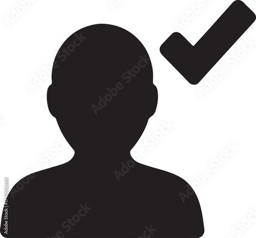 User profile silhouette with check mark symbol representing verified account or approved status.