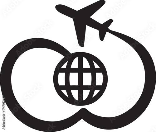Airplane looping globe infinity sign silhouette representing global travel, flight, and endless journey