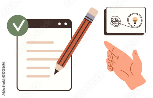 Notebook with pencil signifies organization, approved task, hand pointing to card shows idea clarity evolving from tangles to light bulb moment. Ideal for creativity, education, problem-solving