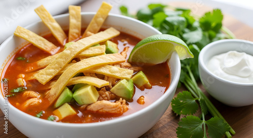 Tortilla Soup with Golden Strips and Lime Slices in Bowl