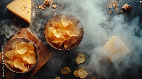 top down photography, bowls of potato chips lays, cheese board, smoke, smokey background