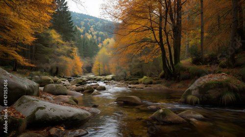 autumn forest, colorful leaves and a stream in a mountain valley. Wild river, forest landscape with autumn foliage, trees covered in orange fall colors, beech trees. Beautiful fall colors in forest. W