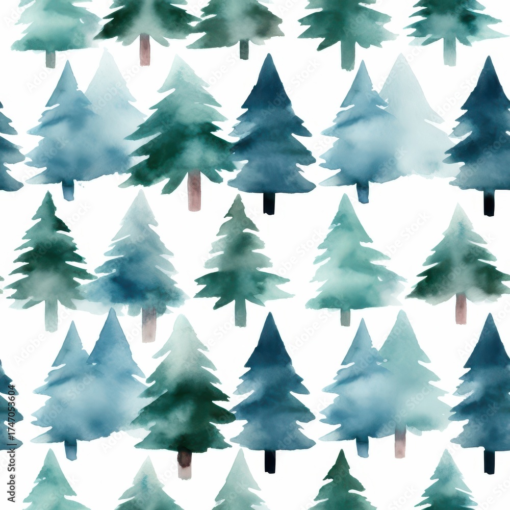 Obraz premium Evergreen Trees Pattern: A pattern of stylized evergreen trees, painted in a blend of cool blues and greens, fills the frame, creating a visually appealing and refreshing composition.
