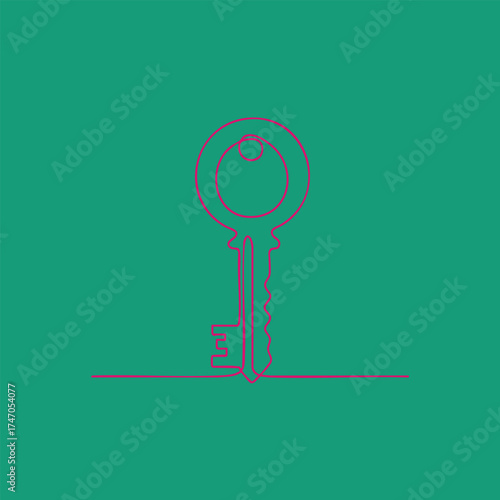 Minimalist line drawing of a key with a circular head and jagged shaft on a solid teal
