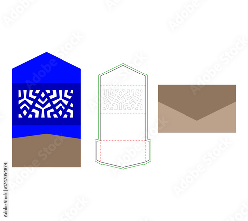 Elegant Geometric Stationery Set in Blue, Brown and White Featuring a Patterned Card, Cutout Card and Matching Envelope