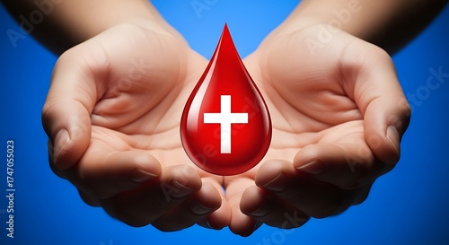 Hands holding a blood drop with a white cross on a blue background