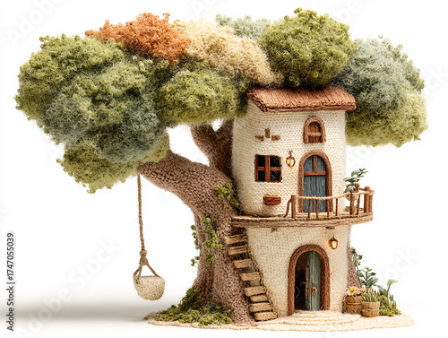 a whimsical, miniature treehouse crafted from various materials, with a detailed tree-like structure and a small house built on it. The treehouse is adorned with colorful, knitted leaves and features 