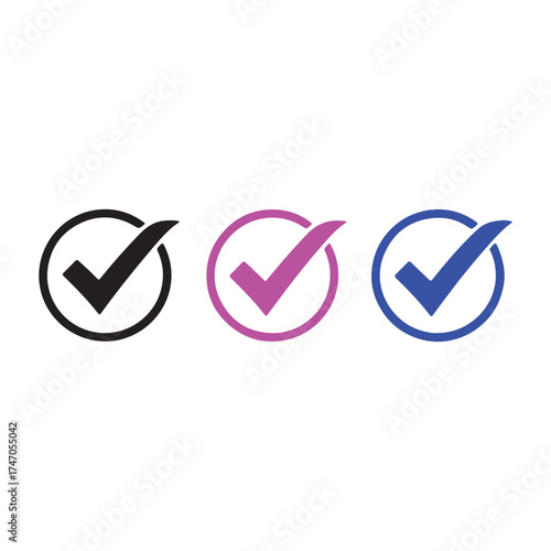 A trio of check marks in black, pink, and blue, , representing validation, approval, and a positive affirmation