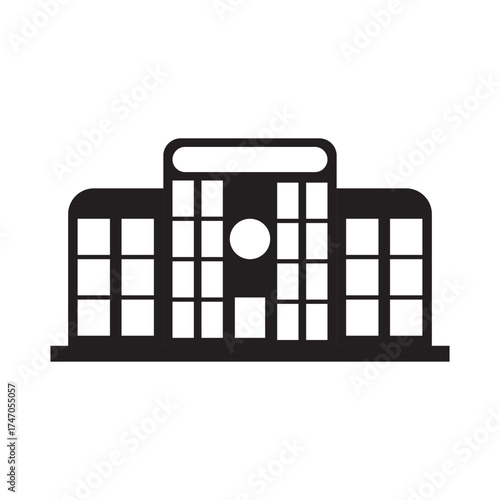 Black and white vector icon of a modern building facade. Minimalist architecture design representing office, hospital, university, or government institution. Perfect for web, logo, or infographic use.