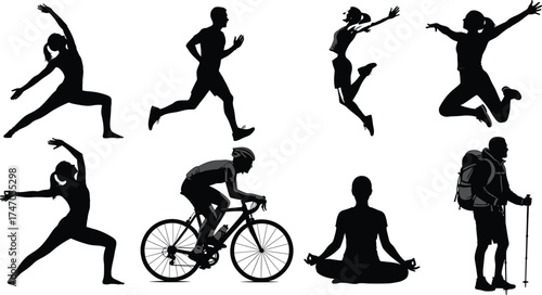 Active lifestyle silhouettes of people doing yoga, running, jumping, cycling, hiking, and meditation on white background
