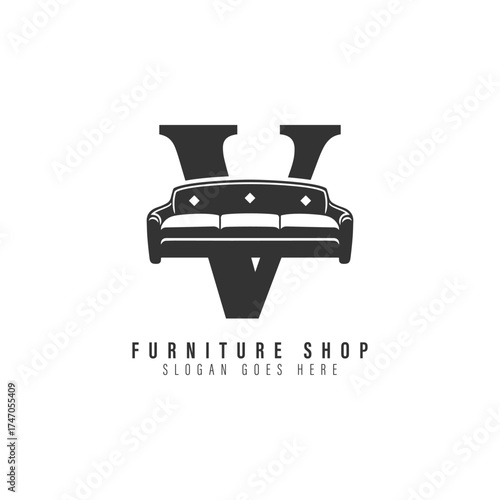 Letter V Sofa Logo Design. Alphabet V Furniture icon