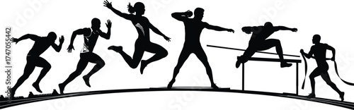 Athlete silhouettes running jumping hurdling throwing javelin pole vaulting track field sports competition dynamic action