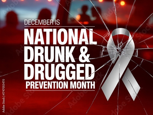 December is national drunk and drugged prevention month with a silver awareness ribbon and blurred background of people