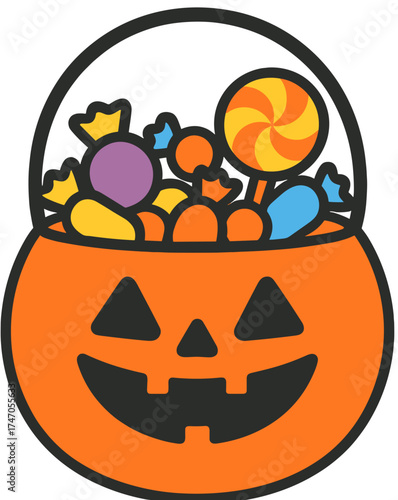 Jack-o-Lantern Bucket Overflowing with Colorful Halloween Candy Illustration