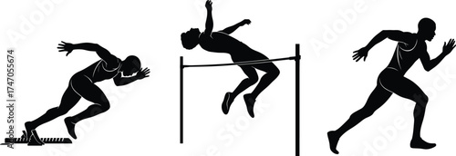 Athlete silhouettes sprinting running high jump track field sports competition dynamic action movement training strength