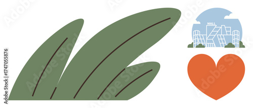 Heart beside green leaves and modern architecture portrays eco-conscious urban living. Ideal for sustainability, environment, eco-design, green solutions, modern living, urban planning, simple flat