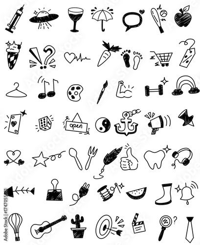 Hand Drawn Doodle Icon Set. A collection of 50 fun and creative hand drawn doodle elements. Perfect for stickers, planners, social media, and digital designs.