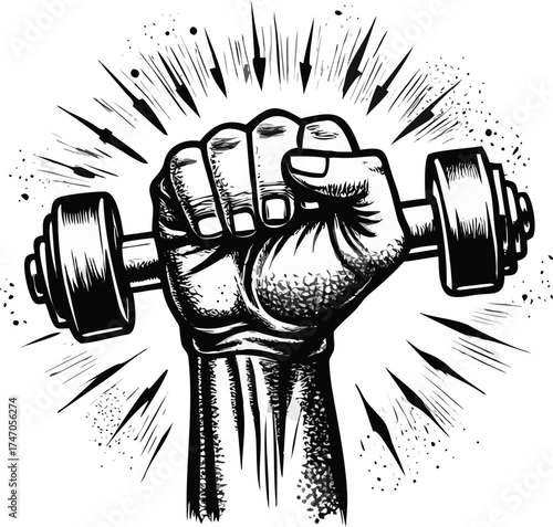 Powerful fist gripping dumbbell inspiring strength and fitness determination vector
