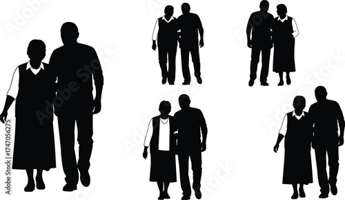 Elderly couple walking together silhouette, senior love relationship, old age companionship, retirement lifestyle, family bond illustration