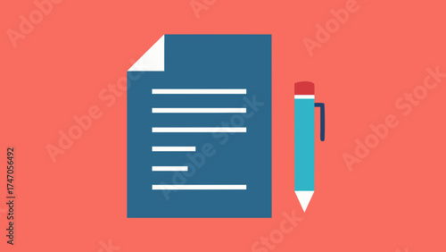 Document and Pen Icon on Red Background Keywords: document, paper, writing, pen, pencil