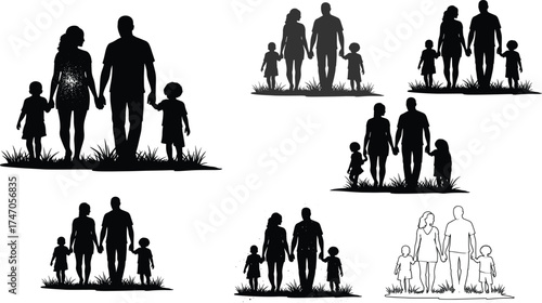 Family silhouettes walking together holding hands in various poses symbolizing love, unity, and togetherness outdoors