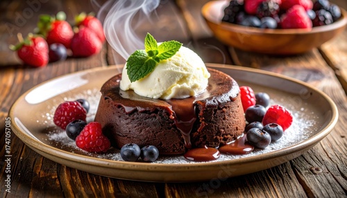 Chocolate lava cake dessert with ice cream berries and mint on a plate